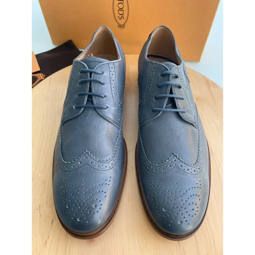 Tod's Men's Derby Bucature Cuoio SY Grey Leather Oxford shoes, Size UK 7 (US 8)